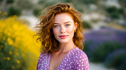 Woman with curly red hair looking at camera, dressed in polka-dot outfit, stands against backdrop of blooming yellow flowers. Bright sunny outdoor environment creates cheerful atmosphere