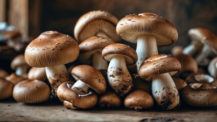 Cluster of brown mushrooms with white stems on a wooden surface.