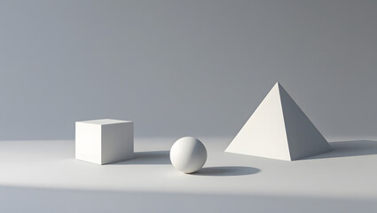 4K wallpaper showing only the outlines of basic geometric shapes (cube, sphere, pyramid) in soft 3D perspective, no fill color, light shadow only, pure background (white or grey), highly minimal but i