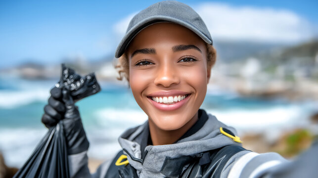 Woman smiling while holding a black garbage bag near the coastline. Bright sunny day with clear skies and blue ocean background