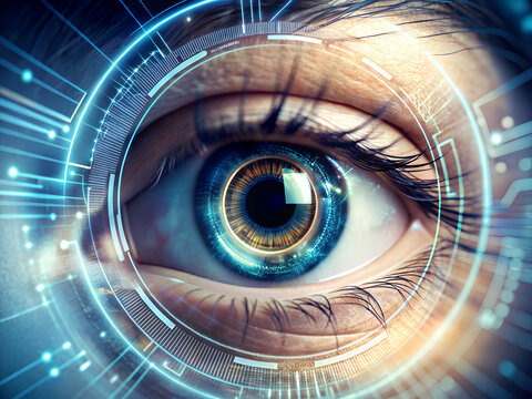 Close-Up Digital Technology Eye with Futuristic Interface – AI Cyber Vision Concept