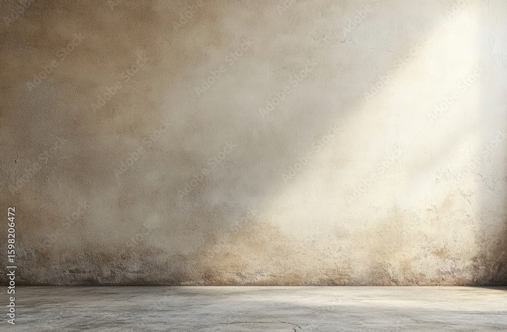 Poster a textured empty beige wall with a concrete floor, softly lit from the top right, creating a calm an