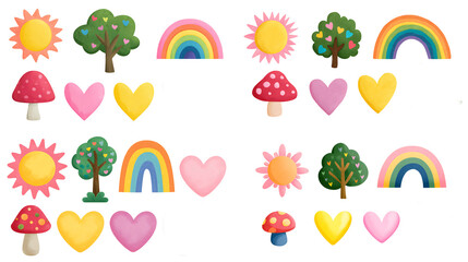 Fototapeta premium A repeating pattern of suns trees rainbows hearts and mushrooms on a black background design element