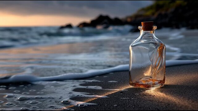 Glass bottle with cork stopper on sandy beach with ocean waves at sunset in a scenic landscape