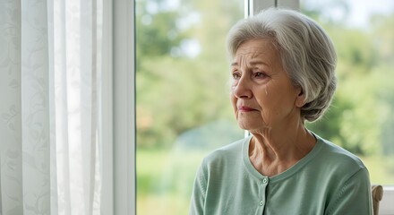 Fototapeta premium Grandma is pensive beside the window