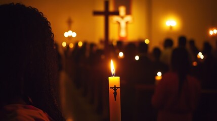 Woman holds candle during dimly lit church service.