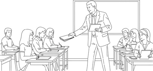 Vector art of a teacher is handing out papers to students in a classroom setting with desks and a chalkboard