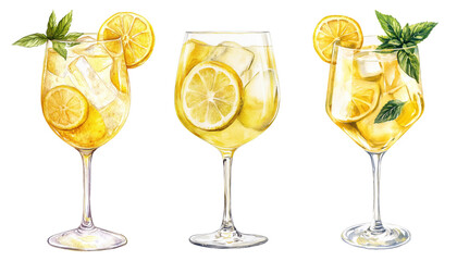 Watercolor illustration of three Limoncello Spritz cocktails in wine glasses with lemon slices, ice cubes and mint leaves, hand-painted summer drink set for kitchen decor and product design