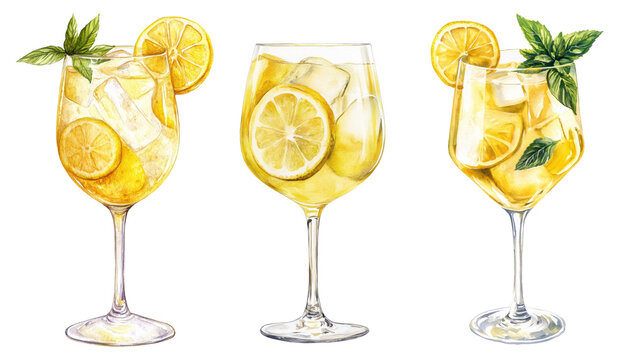 Watercolor illustration of three Limoncello Spritz cocktails in wine glasses with lemon slices, ice cubes and mint leaves, hand-painted summer drink set for kitchen decor and product design