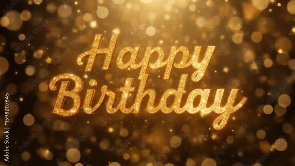 Poster golden happy birthday text animation with shimmering particles and bokeh background