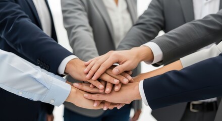 Business team members with hands stacked together in unity.