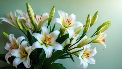 Beautiful white lilies with orange accents, fresh and vibrant, arranged against a soft gradient background.