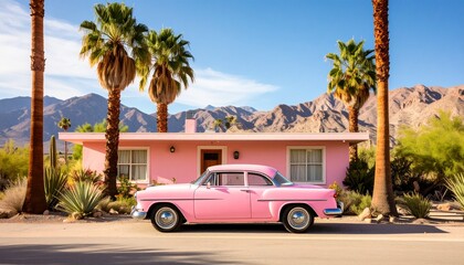 A pink vintage car parked outside a matching pink house, with palm trees and mountains in the background. The scene evokes a dreamy, retro vibe full of charm and color.