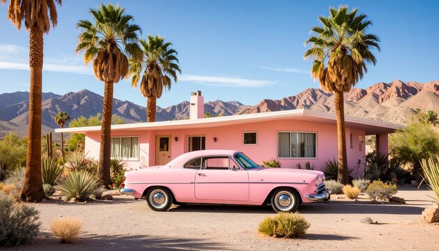 A pink vintage car parked outside a matching pink house, with palm trees and mountains in the background. The scene evokes a dreamy, retro vibe full of charm and color.