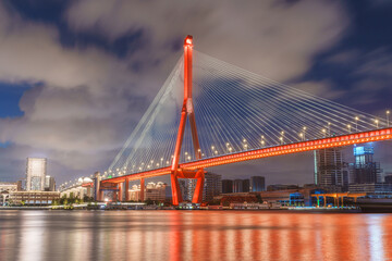 Obraz premium Shanghai Yangpu Bridge glows red in the blue night