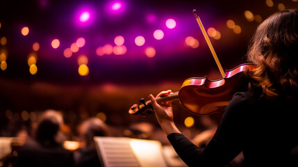 Fototapeta premium Violinist plays passionately with focus on instrument under soft purple lighting. Concert hall setting creates warm ambiance. Concept of music performance, live events, orchestras