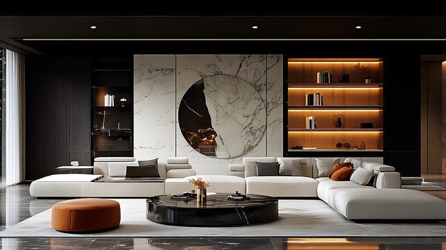 Modern living room interior design with marble accents and warm lighting.