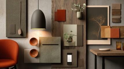 Interior design mood board showcasing various materials and color palettes