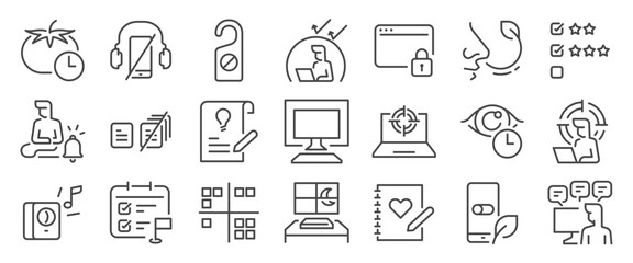Focus tool icon set. It included mindful, productivity, work, balance, concentrate, habit, and more icons. Editable Vector Stroke.