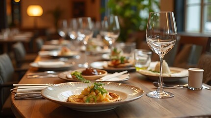Fototapeta premium Elegant dining table set with gourmet food and wine glasses in a sophisticated restaurant.
