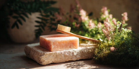 Organic soap bar and wooden toothbrush on a stone slab