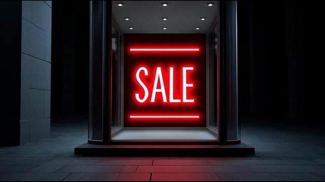 Bright neon sale sign enticing customers to shop late at night in a bustling urban area