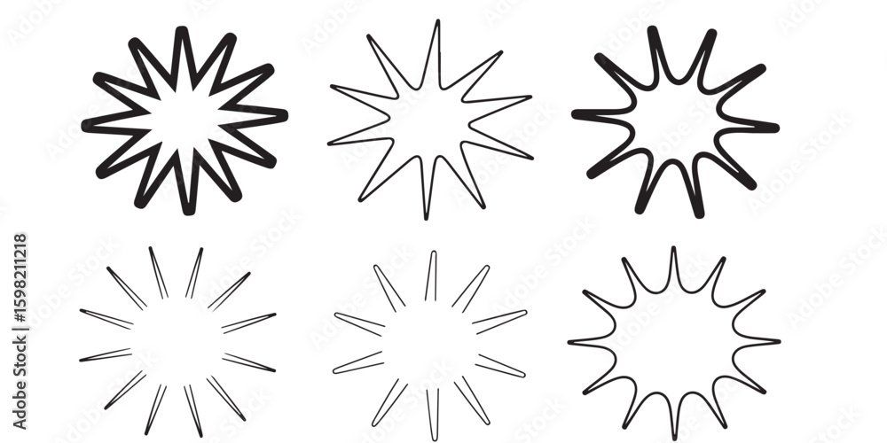 Poster a collection of six starburst shapes with varying line styles and thicknesses on a white background