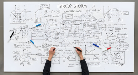Innovative Equations Represented On Whiteboard For Complex Problem Solving Strategy