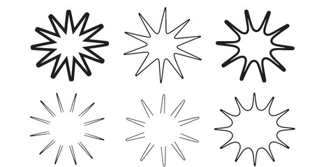 A collection of six starburst shapes with varying line styles and thicknesses on a white background