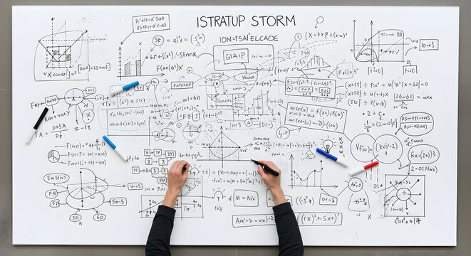 Innovative Equations Represented On Whiteboard For Complex Problem Solving Strategy