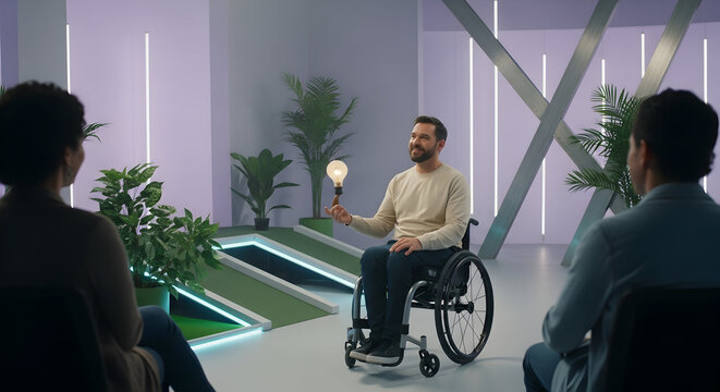 Innovative Presentation: Disabled Man Sharing Ideas With Audience Through A Lightbulb