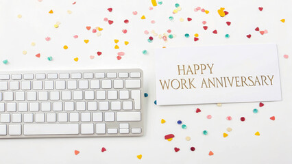 Happy Work Anniversary and thank you. Happy work anniversary card with a keyboard, surrounded by colorful confetti on a white desk.