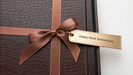 Happy Work Anniversary and thank you. Brown gift with a ribbon and a tag that reads "Happy Work Anniversary.