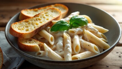 A bowl of creamy pasta with basil and slices of toasted bread.