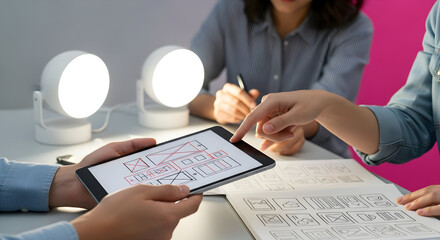 Innovative Team Designing Website Wireframes On Digital Tablet In Modern Office