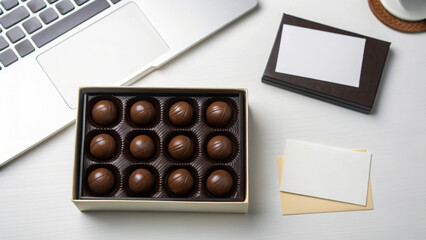 Happy Work Anniversary and thank you. Delicious chocolates arranged in a box beside a laptop and notepad on a clean workspace.