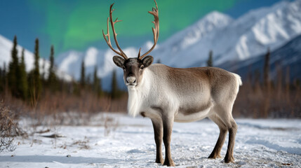 Front view of a majestic reindeer standing on a frozen tundra under the northern lights