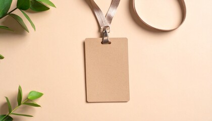 Eco-friendly corporate identity mockup with a blank name tag and lanyard on a neutral beige background with green leaves.