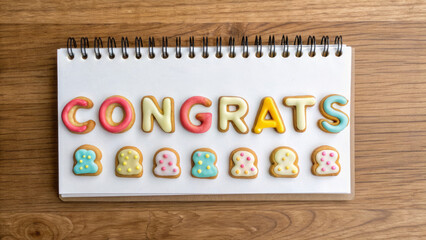 Happy Work Anniversary and thank you. Colorful cookies spell out "CONGRATS" on a spiral notebook, celebrating a joyful occasion on a wooden surface.
