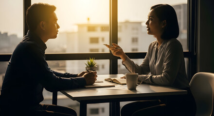 Insightful Business Discussion Between Colleague At Table With Notebook And Coffee