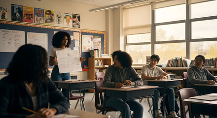 Inspiring Teacher Leads High School Classroom Discussion With Visual Aid Presentation
