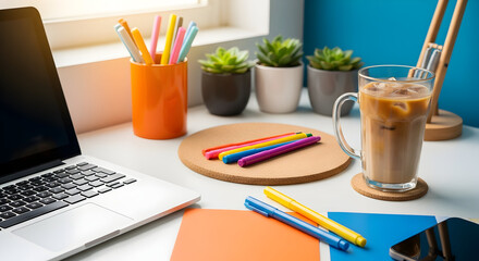 Inspiring Workspace With Laptop Iced Coffee And Creative Supplies In Natural Light