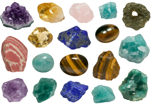 Isolated Set of Colorful Gemstones on Transparent Background