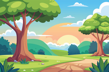Fototapeta premium Vibrant cartoon landscape with sunny sky and winding path
