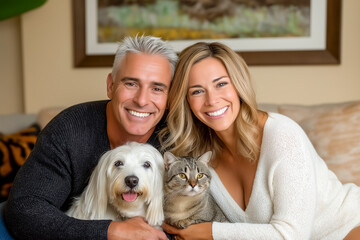 Fototapeta na wymiar Couple smiles while embracing small dog and cat in inviting living room. Comfortable atmosphere with soft lighting and homey decor. Concept of pet companionship, family love, home happiness