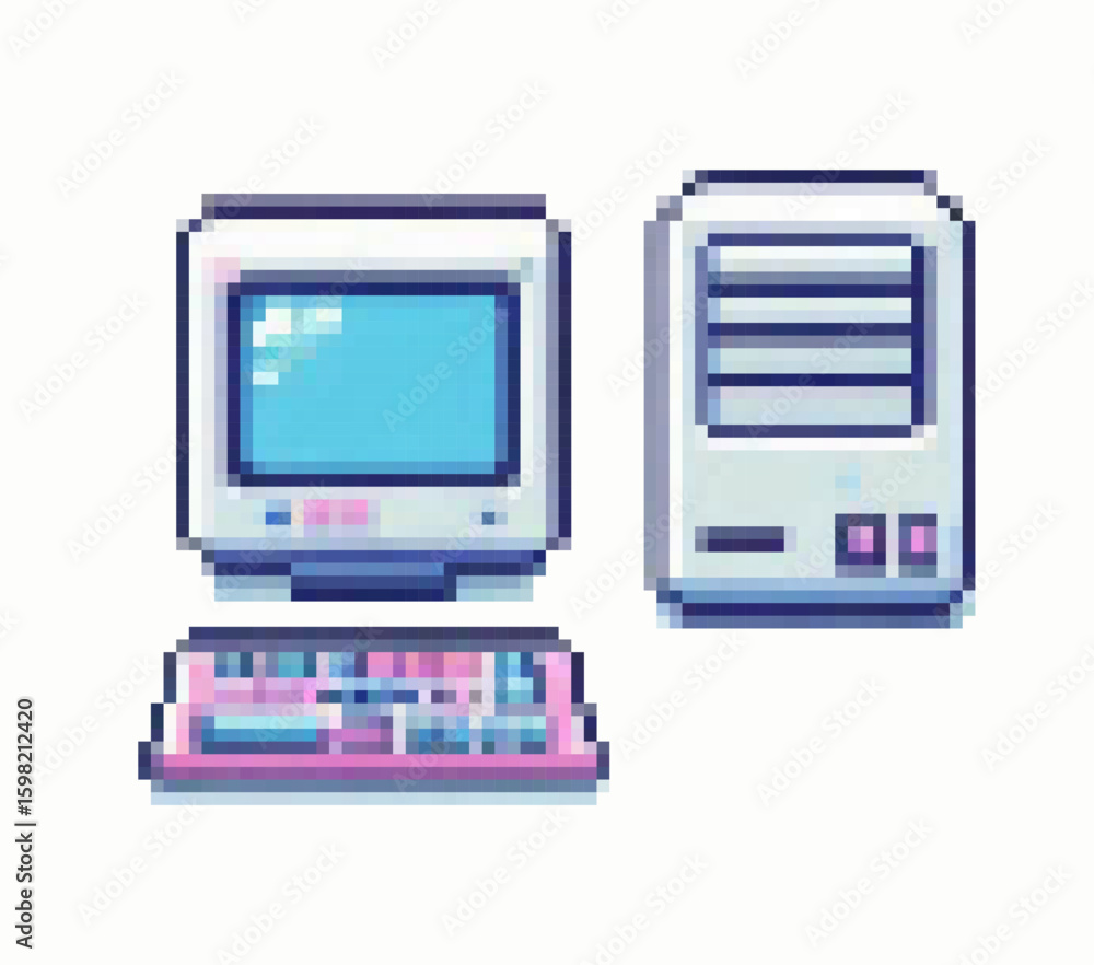 Poster vector illustration in pixel art style shows a retro computer setup with a monitor, keyboard, and to