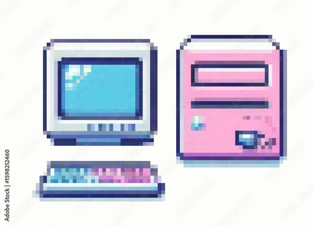 Poster vector illustration in pixel art style shows a retro computer setup with a monitor, keyboard, and to
