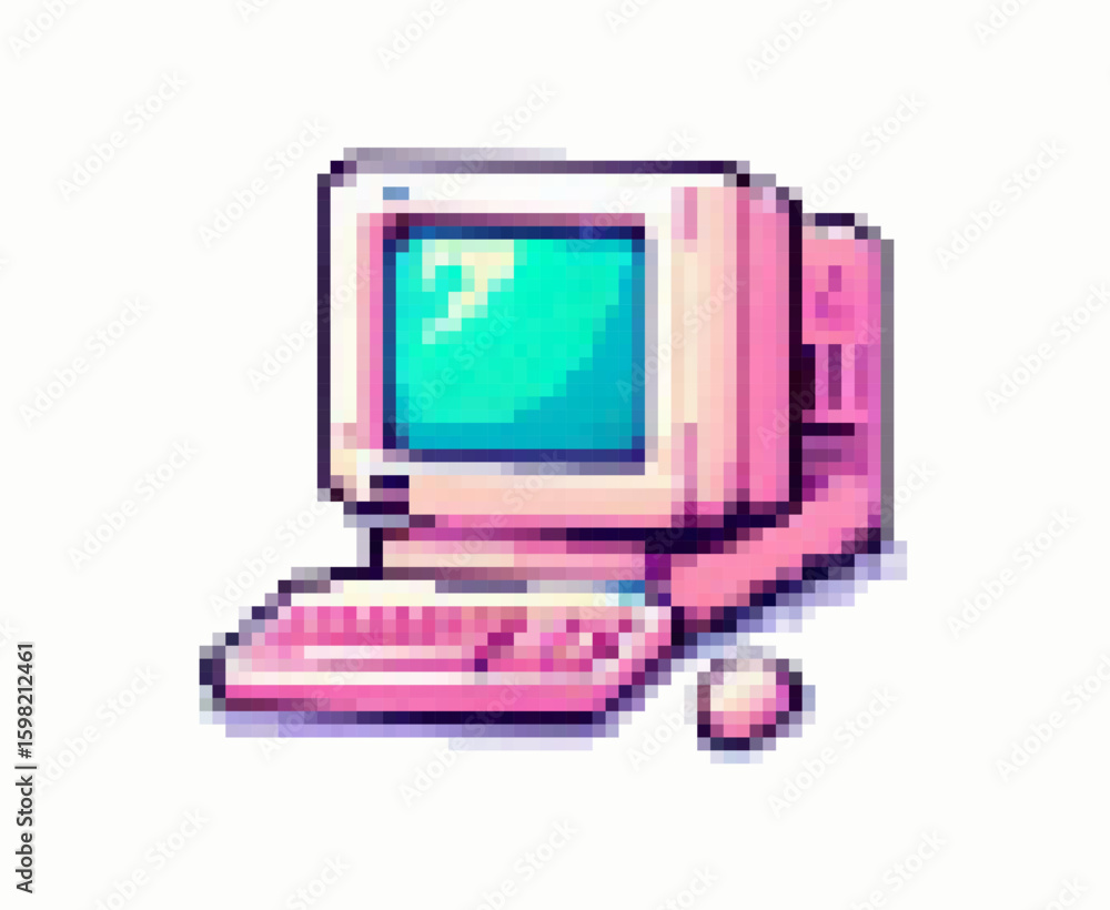 Fototapete Pixel art vector illustration of a retro desktop computer in pastel pink and blue tones. The 8-bit style uses geometric square shapes and bold outlines, evoking a vintage technology nostalgic theme.