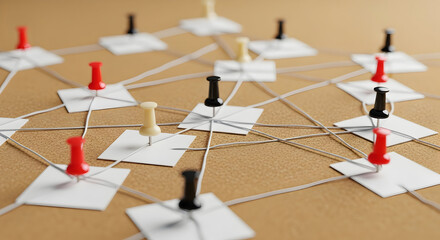 Interconnected Ideas Visualized Through Pushpins And String On Bulletin Board