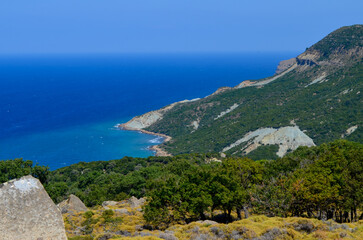 Aerial View of Rugged Green Coastline and Blue Sea